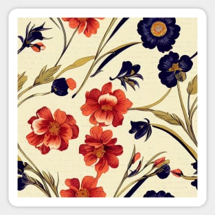 Pretty Orange Red and Deep Blue Flower Pattern on Dark Background Sticker